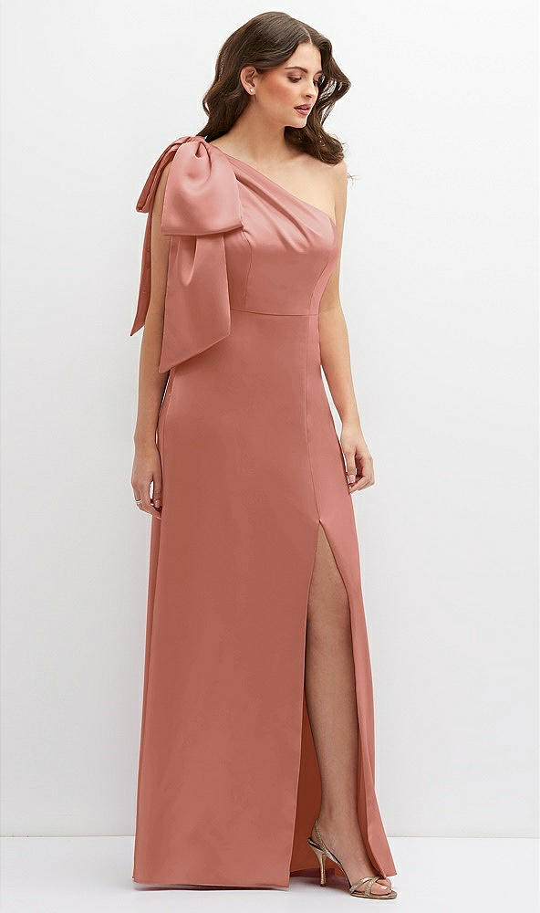 Front View - Desert Rose One-Shoulder Satin Maxi Dress with Chic Oversized Shoulder Bow