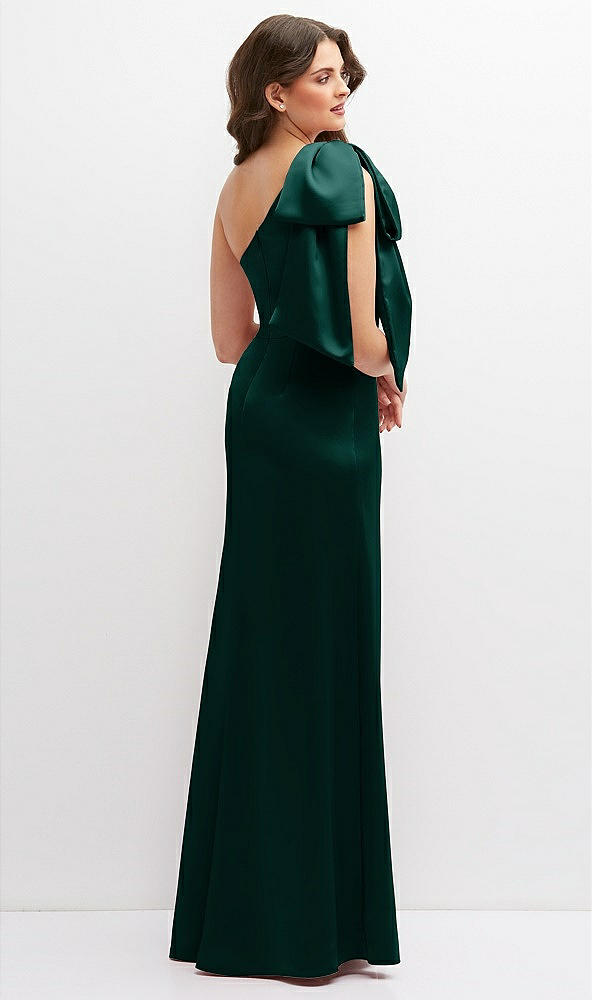 Back View - Evergreen One-Shoulder Satin Maxi Dress with Chic Oversized Shoulder Bow