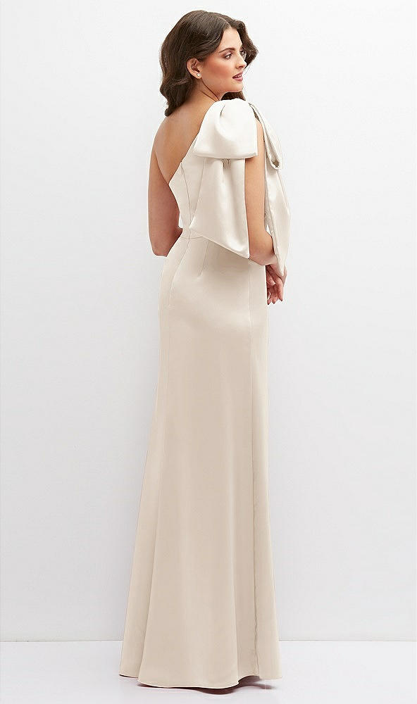 Back View - Oat One-Shoulder Satin Maxi Dress with Chic Oversized Shoulder Bow