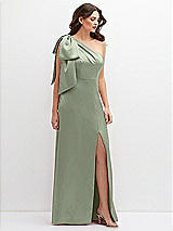 Front View Thumbnail - Sage One-Shoulder Satin Maxi Dress with Chic Oversized Shoulder Bow