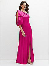 Side View Thumbnail - Think Pink One-Shoulder Satin Maxi Dress with Chic Oversized Shoulder Bow