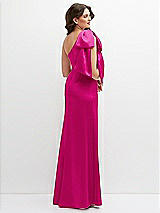 Rear View Thumbnail - Think Pink One-Shoulder Satin Maxi Dress with Chic Oversized Shoulder Bow
