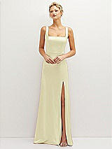 Front View Thumbnail - Butter Yellow Square-Neck Satin A-line Maxi Dress with Front Slit