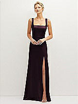 Front View Thumbnail - Deep Plum Square-Neck Satin A-line Maxi Dress with Front Slit