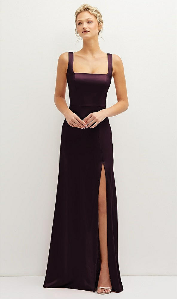 Front View - Deep Plum Square-Neck Satin A-line Maxi Dress with Front Slit