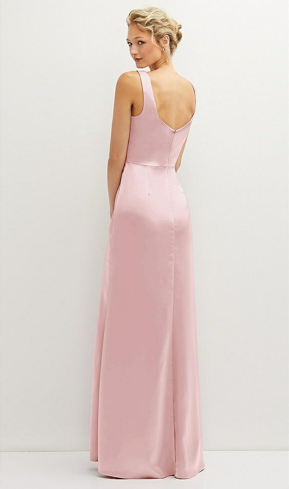 Back View - Ballet Pink Square-Neck Satin A-line Maxi Dress with Front Slit