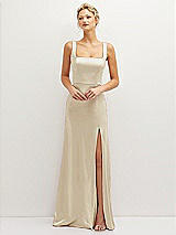 Front View Thumbnail - Champagne Square-Neck Satin A-line Maxi Dress with Front Slit