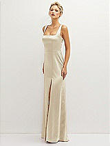Side View Thumbnail - Champagne Square-Neck Satin A-line Maxi Dress with Front Slit