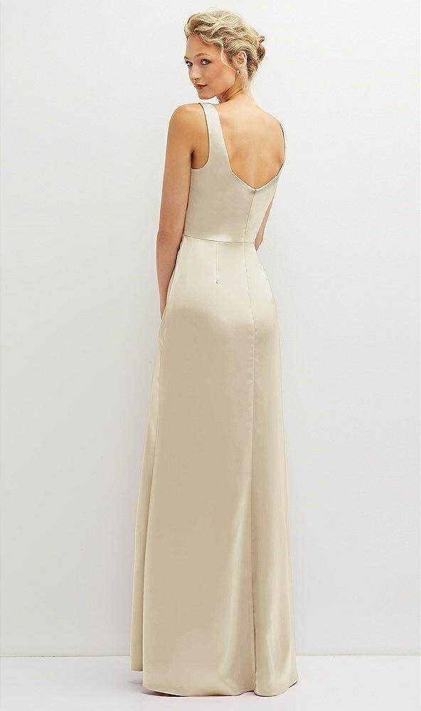 Back View - Champagne Square-Neck Satin A-line Maxi Dress with Front Slit