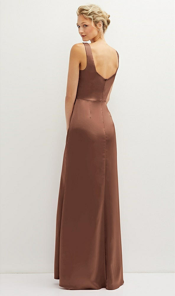 Back View - Cognac Square-Neck Satin A-line Maxi Dress with Front Slit