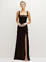 Front View Thumbnail - Espresso Square-Neck Satin A-line Maxi Dress with Front Slit
