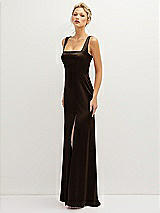 Side View Thumbnail - Espresso Square-Neck Satin A-line Maxi Dress with Front Slit