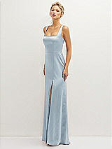Side View Thumbnail - Mist Square-Neck Satin A-line Maxi Dress with Front Slit