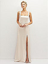 Front View Thumbnail - Oat Square-Neck Satin A-line Maxi Dress with Front Slit
