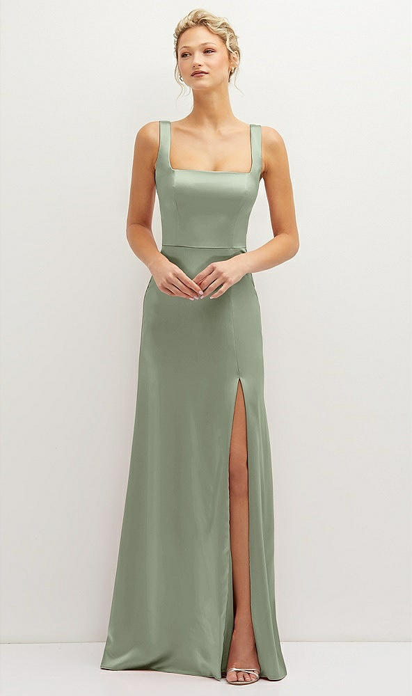 Front View - Sage Square-Neck Satin A-line Maxi Dress with Front Slit