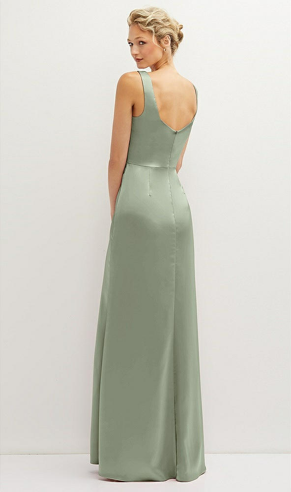 Back View - Sage Square-Neck Satin A-line Maxi Dress with Front Slit