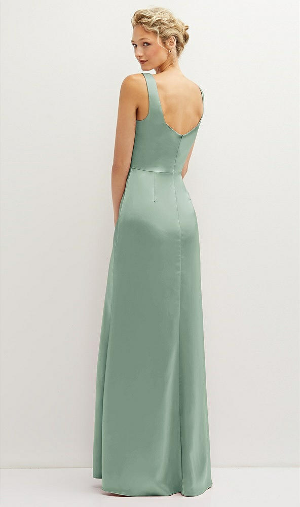 Back View - Seagrass Square-Neck Satin A-line Maxi Dress with Front Slit