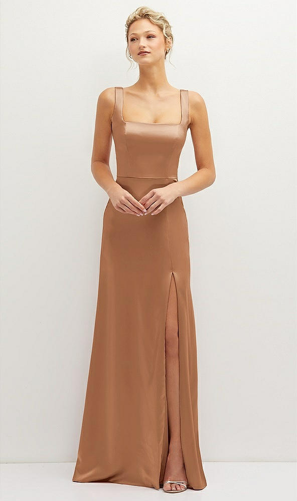 Front View - Toffee Square-Neck Satin A-line Maxi Dress with Front Slit