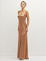 Side View Thumbnail - Toffee Square-Neck Satin A-line Maxi Dress with Front Slit