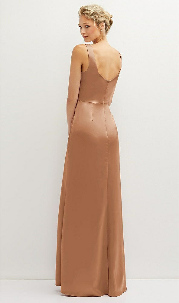 Back View - Toffee Square-Neck Satin A-line Maxi Dress with Front Slit