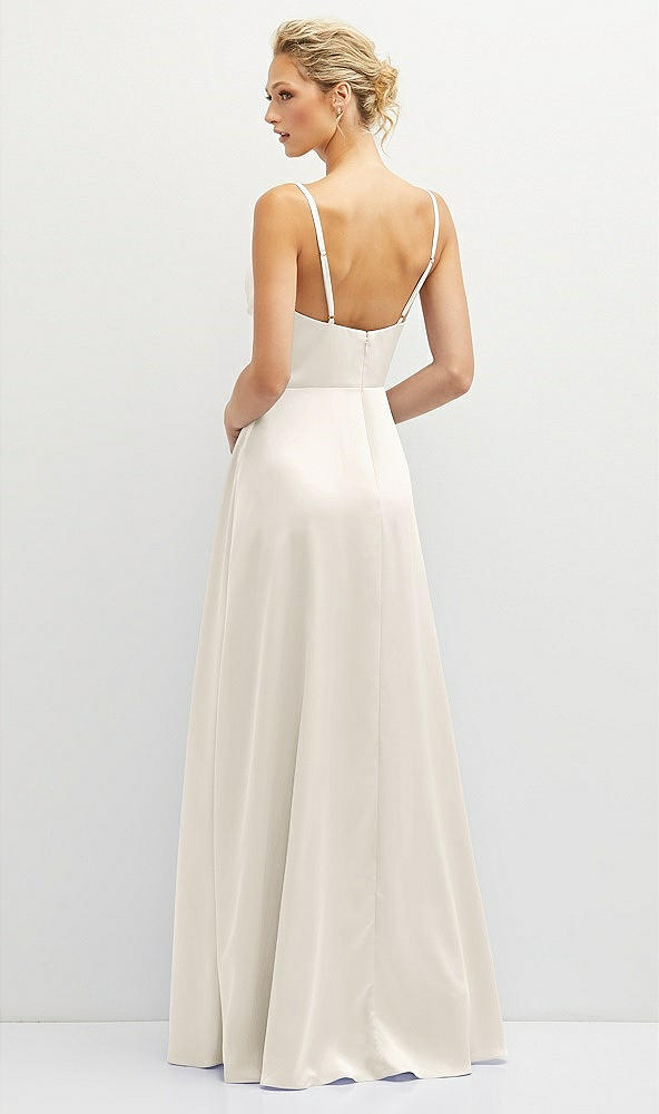 Back View - Ivory Vertical Ruched Bodice Satin Maxi Dress with Full Skirt