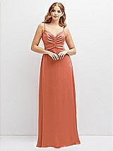 Alt View 1 Thumbnail - Terracotta Copper Vertical Ruched Bodice Satin Maxi Dress with Full Skirt