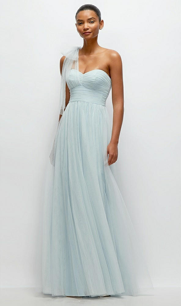 Front View - Mist Scarf Tie One-Shoulder Tulle Maxi Dress with Full Skirt