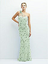 Front View Thumbnail - Celadon One-Shoulder Fit and Flare 3D Floral Embroidered Dress