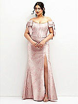 Front View Thumbnail - Bow And Blossom Print Off-the-Shoulder Bow Floral Satin Corset Dress with Fit and Flare Skirt