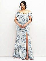 Front View Thumbnail - Cottage Rose Larkspur Off-the-Shoulder Bow Floral Satin Corset Dress with Fit and Flare Skirt