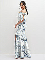 Side View Thumbnail - Cottage Rose Larkspur Off-the-Shoulder Bow Floral Satin Corset Dress with Fit and Flare Skirt