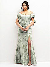 Front View Thumbnail - Sage Cottage Rose Off-the-Shoulder Bow Floral Satin Corset Dress with Fit and Flare Skirt