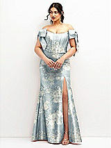 Front View Thumbnail - Porcelain Blue Seraphina Floral Off-the-Shoulder Bow Floral Satin Corset Dress with Fit and Flare Skirt
