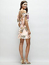 Rear View Thumbnail - Butterfly Botanica Pink Sand Floral Satin Off-the-Shoulder Bow Corset Fit and Flare Mini Dress