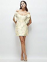 Front View Thumbnail - Butter Yellow Floral Floral Satin Off-the-Shoulder Bow Corset Fit and Flare Mini Dress