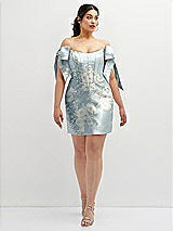 Alt View 2 Thumbnail - Porcelain Blue Seraphina Floral Floral Satin Off-the-Shoulder Bow Corset Fit and Flare Mini Dress