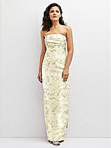 Front View Thumbnail - Butter Yellow Floral Floral Strapless Draped Bodice Column Dress with Oversized Bow