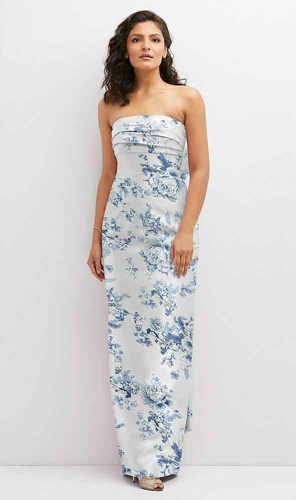 Front View - Cottage Rose Larkspur Floral Strapless Draped Bodice Column Dress with Oversized Bow