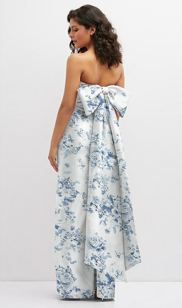 Back View - Cottage Rose Larkspur Floral Strapless Draped Bodice Column Dress with Oversized Bow
