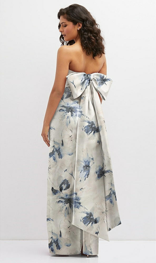 Back View - Inkwash Blue Floral Floral Strapless Draped Bodice Column Dress with Oversized Bow