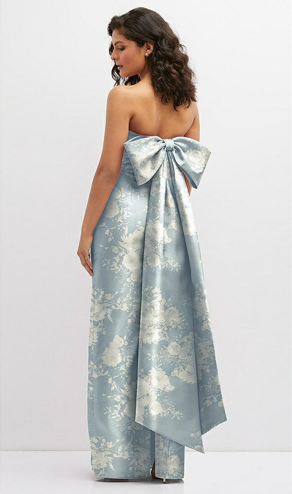 Back View - Porcelain Blue Seraphina Floral Floral Strapless Draped Bodice Column Dress with Oversized Bow
