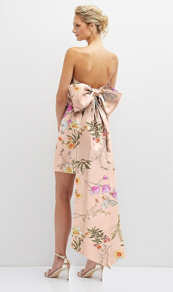 Back View - Butterfly Botanica Pink Sand Floral Strapless Satin Column Mini Dress with Oversized Bow