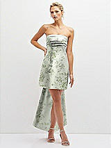 Front View Thumbnail - Sage Cottage Rose Floral Strapless Satin Column Mini Dress with Oversized Bow