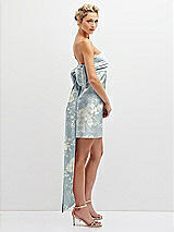 Side View Thumbnail - Porcelain Blue Seraphina Floral Floral Strapless Satin Column Mini Dress with Oversized Bow
