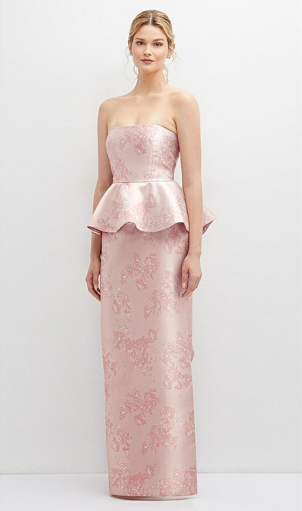 Front View - Bow And Blossom Print Floral Strapless Satin Maxi Dress with Cascade Ruffle Peplum Detail