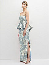 Side View Thumbnail - Porcelain Blue Seraphina Floral Floral Strapless Satin Maxi Dress with Cascade Ruffle Peplum Detail