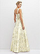 Rear View Thumbnail - Butter Yellow Floral Floral Lace-Up Back Bustier Satin Dress with Full Skirt and Pockets