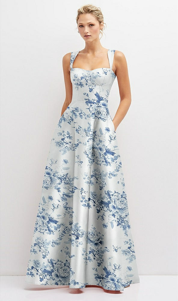 Front View - Cottage Rose Larkspur Floral Lace-Up Back Bustier Satin Dress with Full Skirt and Pockets