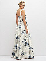 Rear View Thumbnail - Inkwash Blue Floral Floral Lace-Up Back Bustier Satin Dress with Full Skirt and Pockets