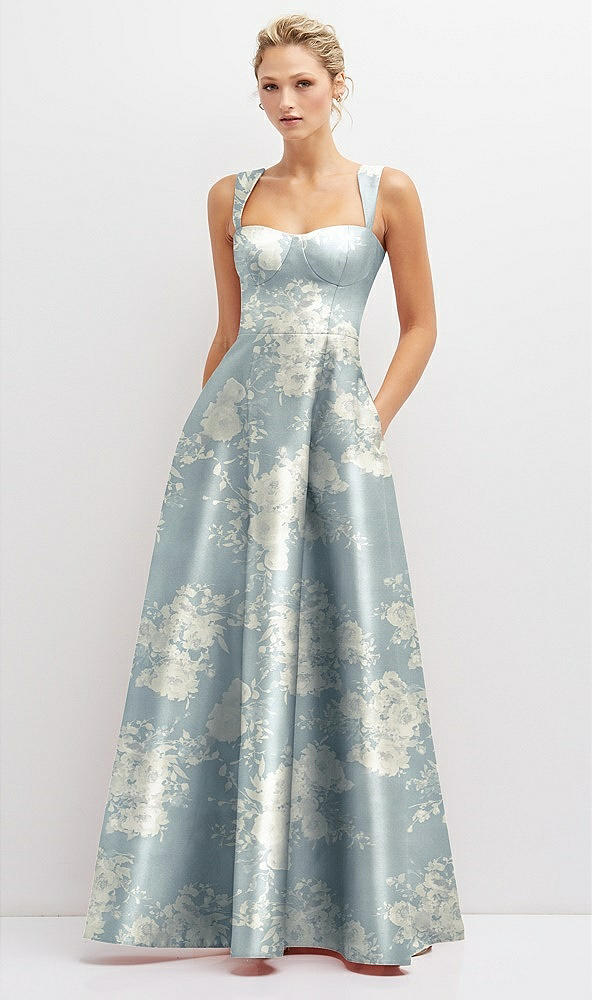 Front View - Porcelain Blue Seraphina Floral Floral Lace-Up Back Bustier Satin Dress with Full Skirt and Pockets